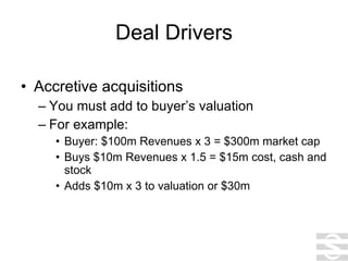 Deal Drivers Accretive acquisitions You must add to buyer’s valuation For example: Buyer: $100m Revenues x 3 = $300m market cap Buys $10m Revenues x 1.5 = $15m cost, cash and stock Adds $10m x 3 to valuation or $30m 