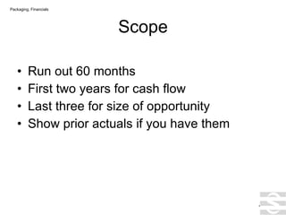 Scope Run out 60 months First two years for cash flow Last three for size of opportunity Show prior actuals if you have them . Packaging, Financials 