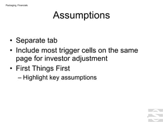 Assumptions Separate tab Include most trigger cells on the same page for investor adjustment First Things First Highlight key assumptions . Packaging, Financials 