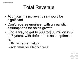 Total Revenue At critical mass, revenues should be significant Don’t reverse engineer with unrealistic assumptions for sales growth Find a way to get to $30 to $50 million in 5 to 7 years, with defendable assumptions, ie: Expand your markets Add value for a higher price . Packaging, Financials 