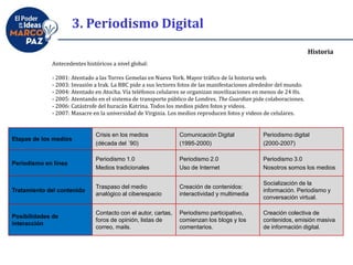 3. Periodismo Digital
Historia
Etapas de los medios
Crisis en los medios
(década del ´90)
Comunicación Digital
(1995-2000)
Periodismo digital
(2000-2007)
Periodismo en línea
Periodismo 1.0
Medios tradicionales
Periodismo 2.0
Uso de Internet
Periodismo 3.0
Nosotros somos los medios
Tratamiento del contenido
Traspaso del medio
analógico al ciberespacio
Creación de contenidos:
interactividad y multimedia
Socialización de la
información. Periodismo y
conversación virtual.
Posibilidades de
interacción
Contacto con el autor, cartas,
foros de opinión, listas de
correo, mails.
Periodismo participativo,
comienzan los blogs y los
comentarios.
Creación colectiva de
contenidos, emisión masiva
de información digital.
Antecedentes históricos a nivel global:
- 2001: Atentado a las Torres Gemelas en Nueva York. Mayor tráfico de la historia web.
- 2003: Invasión a Irak. La BBC pide a sus lectores fotos de las manifestaciones alrededor del mundo.
- 2004: Atentado en Atocha. Vía teléfonos celulares se organizan movilizaciones en menos de 24 Hs.
- 2005: Atentando en el sistema de transporte público de Londres. The Guardian pide colaboraciones.
- 2006: Catástrofe del huracán Katrina. Todos los medios piden fotos y videos.
- 2007: Masacre en la universidad de Virginia. Los medios reproducen fotos y videos de celulares.
 