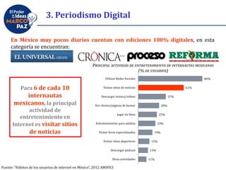 En México muy pocos diarios cuentan con ediciones 100% digitales, en esta
categoría se encuentran:
86%
61%
37%
28%
25%
23%
19%
15%
13%
11%
Utilizar Redes Sociales
Visitar sitios de noticias
Descargar música/videos
Ver chistes/páginas de humor
Jugar en línea
Entretenimiento para adultos
Visitar foros especializados
Visitar sitios deportivos
Descargar podcast
Otras actividades
Para 6 de cada 10
internautas
mexicanos, la principal
actividad de
entretenimiento en
Internet es visitar sitios
de noticias
PRINCIPAL ACTIVIDAD DE ENTRETENIMIENTO DE INTERNAUTAS MEXICANOS
(% DE USUARIOS)
Fuente: “Hábitos de los usuarios de internet en México”, 2012 AMIPICI
3. Periodismo Digital
 
