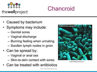Chancroid
• Caused by bacterium
• Symptoms may include:
– Genital sores
– Vaginal discharge
– Burning feeling when urinating
– Swollen lymph nodes in groin
• Can be spread by:
– Vaginal or anal sex
– Skin-to-skin contact with sores
• Can be treated with antibiotics
www.thewellproject.org
Credit: Medicinenet.com
 