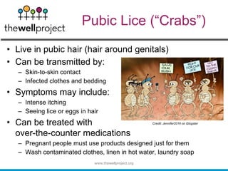 Pubic Lice (“Crabs”)
• Live in pubic hair (hair around genitals)
• Can be transmitted by:
– Skin-to-skin contact
– Infected clothes and bedding
• Symptoms may include:
– Intense itching
– Seeing lice or eggs in hair
• Can be treated with
over-the-counter medications
– Pregnant people must use products designed just for them
– Wash contaminated clothes, linen in hot water, laundry soap
www.thewellproject.org
Credit: Jennifer2016 on Glogster
 