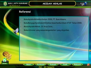 Kurikulum Evaluasi Profil Referensi
Oleh : Siti Sunaestin
MAN 1 KOTA SUKABUMI
Jln. Pramuka no. 4
AKIDAH AKHLAK
Materi
Home
Referensi
• BukuAqidahAkhlakKurikulum 2008, PT. BumiAksara.
• BukuMenjagaAqidahdanAkhlakberdasarkanKuriklum KTSP Tahun 2008.
• ModulAqidahAkhlak, CV Arya Duta,
• Bukureferensi yang sesuaidenganmateri yang diajarkan.
 