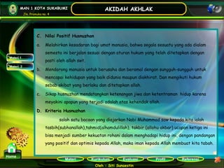 Kurikulum Evaluasi Profil Referensi
Oleh : Siti Sunaestin
MAN 1 KOTA SUKABUMI
Jln. Pramuka no. 4
AKIDAH AKHLAK
Materi
Home
Materi 1
Materi 2
C. Nilai Positif Husnuzhan
a. Melahirkan kesadaran bagi umat manusia, bahwa segala sesuatu yang ada dialam
semesta ini berjalan sesuai dengan aturan hukum yang telah ditetapkan dengan
pasti oleh allah swt.
b. Mendorong manusia untuk berusaha dan beramal dengan sungguh-sungguh untuk
mencapai kehidupan yang baik didunia maupun diakhirat. Dan mengikuti hukum
sebab akibat yang berlaku dan ditetapkan allah.
c. Sikap husnuzhan mendatangkan ketenangan jiwa dan ketentraman hidup karena
meyakini apapun yang terjadi adalah atas kehendak allah.
D. Kriteria Husnuzhan
salah satu bacaan yang diajarkan Nabi Muhammad saw kepada kita ialah
tasbih(subhanallah),tahmid(alhamdulillah), takbir (allohu akbar) ucapan ketiga ini
bisa menjadi sumber kekuatan rohani dalam menghadapi hidup ini, dengan pandangan
yang positif dan optimis kepada Allah, maka iman kepada Allah membuat kita tabah.
 