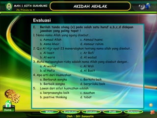 Kurikulum Evaluasi Profil Referensi
Oleh : Siti Sunaestin
MAN 1 KOTA SUKABUMI
Jln. Pramuka no. 4
AKIDAH AKHLAK
Materi
Home
Evaluasi
I. Berilah tanda silang (x) pada salah satu huruf a,b,c,d didepan
jawaban yang paling tepat !
1. Nama-nama Allah yang agung disebut…
a. Asmaul Allah c. Asmaul husna
b. Asma khair d. Asmaur rohim
2. Q.s Al Hijr ayat 23 menerabgkan tentang nama allah yang disebut…
a. Al basit c. Ar Rafi’
b. Al waris d. Al wadud
3. Maha melapangkan rizky adalah nama Allah yang disebut dengan…
a. Al wadud c. Al Wali
b. al Hafiz d. Al Basit
4. Apa arti dari Husnuzhan
a. Berburuk sangka c. Berkata baik
b. Berbaik sangka d. berprilaku baik
5. Lawan dari sifat husnuzhan adalah
a. berprasangka baik c. suuzhan
b. positive thinking d. tobat
 