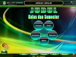 Kurikulum Evaluasi Profil Referensi
Oleh : Siti Sunaestin
MAN 1 KOTA SUKABUMI
Jln. Pramuka no. 4
AKIDAH AKHLAK
Materi
Home
Kurikulum
Evaluasi Profil
Referensi
Materi
 