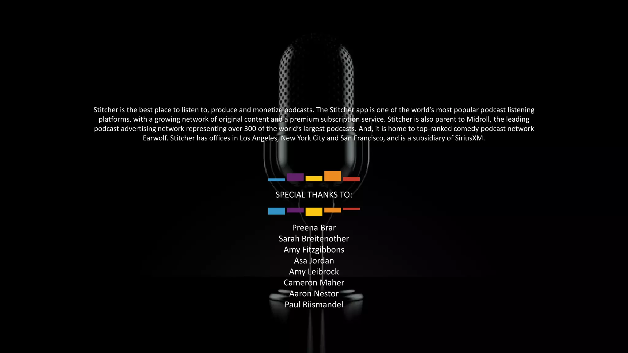 28
Stitcher is the best place to listen to, produce and monetize podcasts. The Stitcher app is one of the world’s most popular podcast listening
platforms, with a growing network of original content and a premium subscription service. Stitcher is also parent to Midroll, the leading
podcast advertising network representing over 300 of the world’s largest podcasts. And, it is home to top-ranked comedy podcast network
Earwolf. Stitcher has offices in Los Angeles, New York City and San Francisco, and is a subsidiary of SiriusXM.
SPECIAL THANKS TO:
Preena Brar
Sarah Breitenother
Amy Fitzgibbons
Asa Jordan
Amy Leibrock
Cameron Maher
Aaron Nestor
Paul Riismandel
 