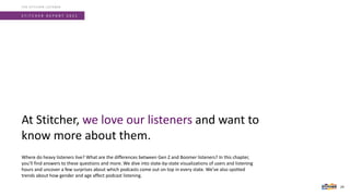 S T I T C H E R R E P O R T 2 0 2 1
Where do heavy listeners live? What are the differences between Gen Z and Boomer listeners? In this chapter,
you’ll find answers to these questions and more. We dive into state-by-state visualizations of users and listening
hours and uncover a few surprises about which podcasts come out on top in every state. We’ve also spotted
trends about how gender and age affect podcast listening.
At Stitcher, we love our listeners and want to
know more about them.
THE STITCHER LISTENER
24
 