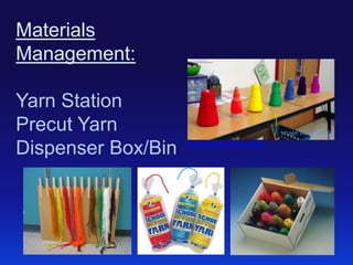Materials
Management:
Yarn Station
Precut Yarn
Dispenser Box/Bin

Image via ArtofEd

Art of Ed yarn cart video

 