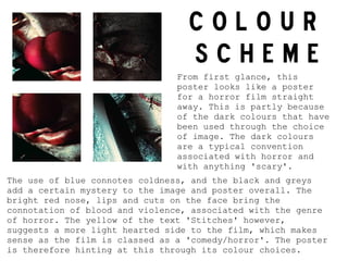 COLOUR
                                  SCHEME
                                From first glance, this
                                poster looks like a poster
                                for a horror film straight
                                away. This is partly because
                                of the dark colours that have
                                been used through the choice
                                of image. The dark colours
                                are a typical convention
                                associated with horror and
                                with anything 'scary'.
The use of blue connotes coldness, and the black and greys
add a certain mystery to the image and poster overall. The
bright red nose, lips and cuts on the face bring the
connotation of blood and violence, associated with the genre
of horror. The yellow of the text 'Stitches' however,
suggests a more light hearted side to the film, which makes
sense as the film is classed as a 'comedy/horror'. The poster
is therefore hinting at this through its colour choices.
 