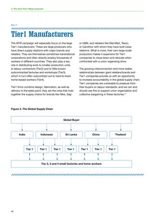40
Tier1 Manufacturers
The AFW campaign will especially focus on the large
Tier1 manufacturers. These are large producers who
have direct supply relations with major brands and
retailers. They are themselves sometimes transnational
corporations and often directly employ thousands of
workers in different countries. They also play a key
role in distributing work to smaller production units,
to labour contractors (Tier2) and to little-known
subcontracted factories and workshops (Tier3),
which in turn often subcontract out to hard-to-track
home-based workers (Tier4).
Tier1 firms combine design, fabrication, as well as
delivery to the sales point; they are the ones that hold
together the supply chains for brands like Nike, Gap
or HM, and retailers like Wal-Mart, Tesco,
or Carrefour with whom they have built close
relations. What is more, their own large-scale
production makes it expensive for Tier1
companies to close down and relocate when
confronted with a union organising drive.
The growing interconnection and more stable
relationships between giant retailers/brands and
Tier1 companies provide us with an opportunity
to increase accountability in the global supply chain.
Tier1 companies are vulnerable to pressure from
their buyers on labour standards, and we can and
should use this to support union organisation and
collective bargaining in these factories.62
3. The Asia Floor Wage proposal
Box 11
Figure 3. The Global Supply Chain
Global Buyer
Tier 2, 3 and 4 small factories and home workers
India
Tier 1 Tier 1 Tier 1 Tier 1 Tier 1 Tier 1 Tier 1
Indonesia Sri Lanka China Thailand
 