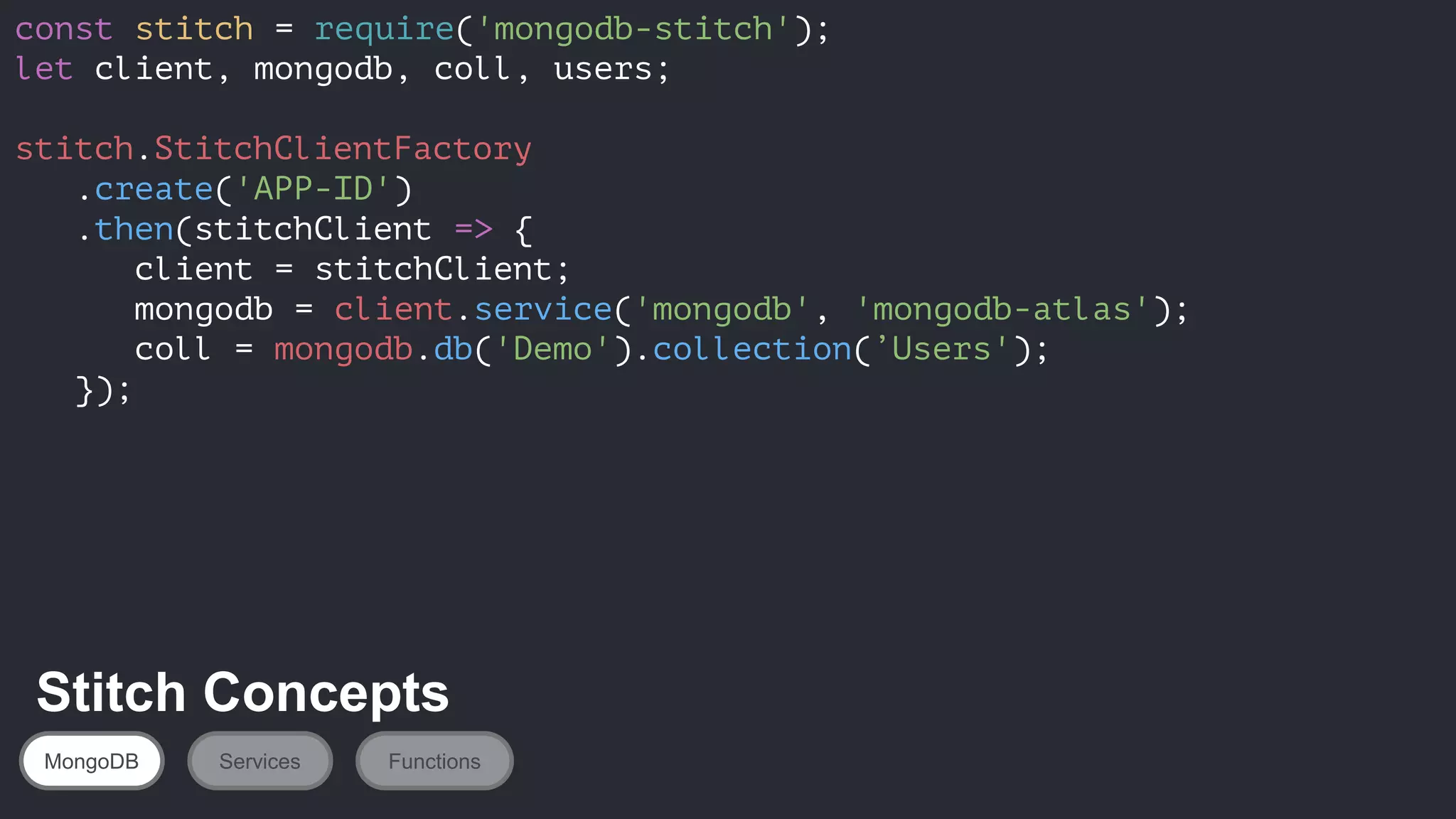 const stitch = require('mongodb-stitch');
let client, mongodb, coll, users;
stitch.StitchClientFactory
.create('APP-ID')
.then(stitchClient => {
client = stitchClient;
mongodb = client.service('mongodb', 'mongodb-atlas');
coll = mongodb.db('Demo').collection(’Users');
});
MongoDB Services Functions
Stitch Concepts
 