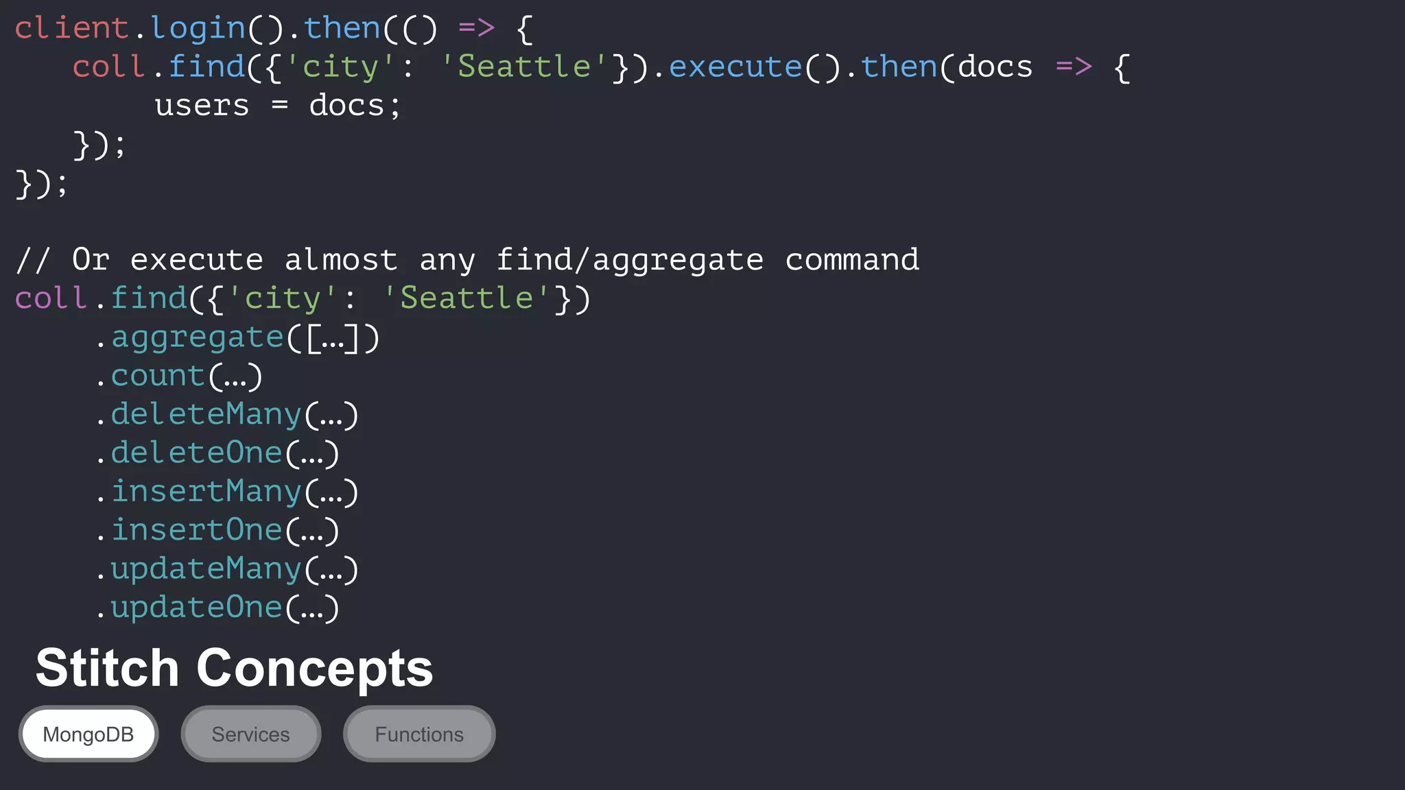 client.login().then(() => {
coll.find({'city': 'Seattle'}).execute().then(docs => {
users = docs;
});
});
// Or execute almost any find/aggregate command
coll.find({'city': 'Seattle'})
.aggregate([…])
.count(…)
.deleteMany(…)
.deleteOne(…)
.insertMany(…)
.insertOne(…)
.updateMany(…)
.updateOne(…)
MongoDB Services Functions
Stitch Concepts
 