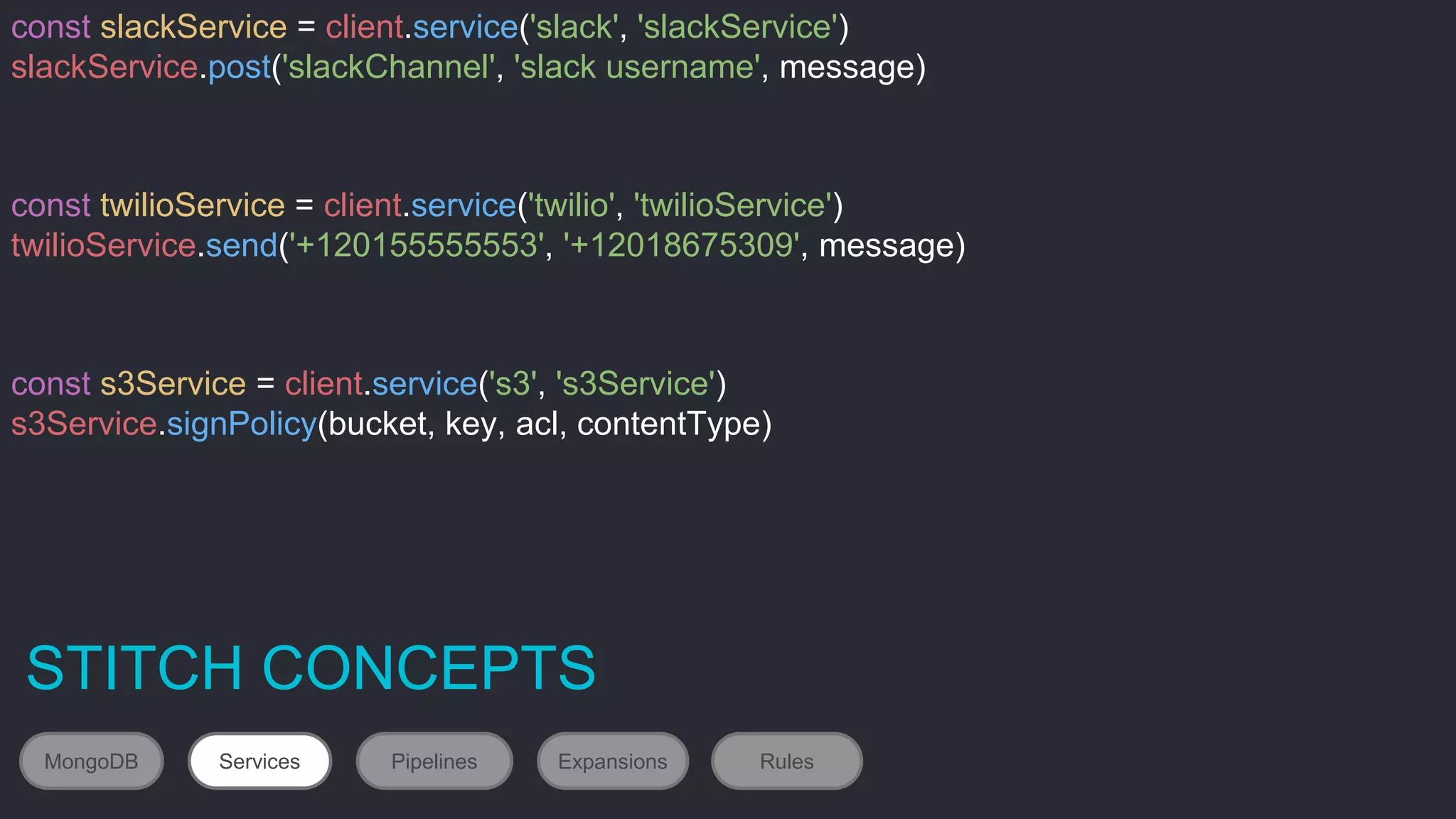 #MDBW17
const slackService = client.service('slack', 'slackService')
slackService.post('slackChannel', 'slack username', message)
const twilioService = client.service('twilio', 'twilioService')
twilioService.send('+120155555553', '+12018675309', message)
const s3Service = client.service('s3', 's3Service')
s3Service.signPolicy(bucket, key, acl, contentType)
STITCH CONCEPTS
MongoDB Services Pipelines Expansions Rules
 