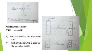 Work ∝ Surface Tension
W ∝ γ ….......... (2)
Wa = Work of Adhesion, WD to separate
L &S
W c = Work of Cohesion, WD to separate
the spreading liqd( L)
 