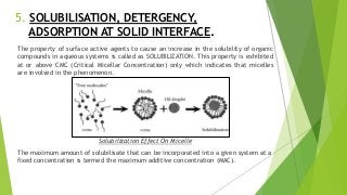 5. SOLUBILISATION, DETERGENCY,
ADSORPTION AT SOLID INTERFACE.
The property of surface active agents to cause an increase in the solubility of organic
compounds in aqueous systems is called as SOLUBILIZATION. This property is exhibited
at or above CMC (Critical Micellar Concentration) only which indicates that micelles
are involved in the phenomenon.
Solubilization Effect On Micelle
The maximum amount of solubilisate that can be incorporated into a given system at a
fixed concentration is termed the maximum additive concentration (MAC).
 