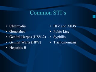 Common STI’sChlamydiaGonorrheaGenital Herpes (HSV-2)Genital Warts (HPV)Hepatitis BHIV and AIDSPubic LiceSyphilisTrichomoniasis