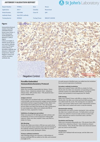 Figure:
Immunohistochemical
analysis of paraffin
embedded Human
breast cancer tissue. 1:
CD41 Monoclonal
Antibody(Q90) was
diluted at 1:200 (4
degree
Celsius,overnight). 2:
Sodium citrate pH 6.0
was used for antibody
retrieval (>98 degree
Celsius,20min). 3:
Secondary antibody was
diluted at 1:200 (room
temperature, 30min).
Negative control was
used by secondary
antibody only.
Report Number 97008-a Host Mouse
Application IHC-P Clonality Monoclonal
Model Number STJ97008 Clone ID Q90
Antibody Name Anti-CD41 antibody
Testing Species HUMAN Testing Tissue BREAST CANCER
ANTIBODY VALIDATION REPORT
b. (A small amount of distilled water was added into the incubation
box to prevent evaporation of antibody).
18. Secondary antibody incubation
a. Slides were washed 3 times, with PBS on a shaker for 5min.
Shortly after the slides were dried the corresponding secondary
antibody solution was added (HRP labelled), covering the
tissues, and incubated at room temperature for 30min.
b.
19. DAB staining
a. Slides were washed 3 times, with PBS on a shaker for 5min.
b. Shortly after, the slides were dried and fresh DAB staining buffer
was added inside the circles. The staining time was adjusted
under a microscope. Yellow-brown colour represented a positive
result. Slides were washed with water to stop the staining.
c.
20. Haematoxylin staining
a. Haematoxylin was used to counter-staining for 1min, and then
the slides were washed with water. 1% Hydrochloric acid and
alcohol was added for several seconds and then washed with
water. Ammonia was used to reveal blue colour, and then
flushed with water.
b.
21. Desolation and Clearing
i. Slides were incubated sequentially into: 75% alcohol 5min, 85%
alcohol 5min, Anhydrous ethanol - 5min, Anhydrous ethanol -
5min & Xylene - 5min. Shortly after slides were dried and neutral
gum was used to seal the slides.
ii.
22. Visualization
a. Results were validated with microscope, and the slides were
scanned.
Paraffin-Embedded
Immunohistochemistry Protocol
12.
13. Tissue processing
a. Slides were incubated sequentially into Xylene; 15min –
Xylene, 15min - Anhydrous ethanol, 5min - Anhydrous
ethanol, 5min - 85% alcohol, 5min - 75% alcohol & 5min –
wash in distilled water.
b.
14. Antigen retrieval
a. Tissue slides were incubated with citric acid (PH6.0) antigen
retrieval buffer and microwaved for antigen retrieval (heated
until boiled and then stopped heating) for 8min. Slides were
then heated with medium power for 7min. During this
process slides were kept from drying out. After cooling down
at room temperature, slides were washed with PBS on
shaker for 5min, repeated for 3 times.
b.
15. Inhibition of endogenous peroxidase
a. Slides were placed in 3% Hydrogen peroxide solution, and
incubated for 10 min at room temperature without light
exposure. Slides were then washed 3 times with PBS on a
shaker for 5mins.
b.
16. BSA Blocking
a. Shortly after slides were dried, a PAP pen was used to draw
circles around the tissue sections (and to prevent draining of
the antibody solution). Inside the circles, BSA was used to
cover the tissue evenly, blocking for 30min.
b.
17. Primary antibody incubation
After blocking solution was removed a 1:200 solution of
primary antibody/PBS was added on the slide, and incubated
overnight at 4°C.
St John's Laboratory Ltd.
www.stjohnslabs.com
 