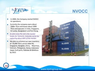 NVOCC
     In 2004, the Company started NVOCC
     its operations.
     Currently the company owns about
     1000+ TEUs and leases about 2000
     TEUs and operates in India, Singapore,
     Sri Lanka, Bangladesh and Port Klang
     St.John Lines Pte Ltd is the market
     leader for Tuticorin- Colombo sector by
     capturing about 80% of the market.
     We plan to enhance our own inventory
     of 35,000 TEU's across Jebel Ali,
     Singapore, Bangkok, China, Myanmar,
     Vietnam, Philippines, Korea, Indonesia
     Upper Gulf ports, Pakistan & Maldives
     by 2015




11
                                               www.stjohngroup.net
 