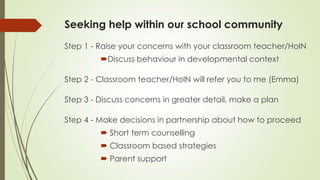Seeking help within our school community
Step 1 - Raise your concerns with your classroom teacher/HoIN
Discuss behaviour in developmental context
Step 2 - Classroom teacher/HoIN will refer you to me (Emma)
Step 3 - Discuss concerns in greater detail, make a plan
Step 4 - Make decisions in partnership about how to proceed
 Short term counselling
 Classroom based strategies
 Parent support
 