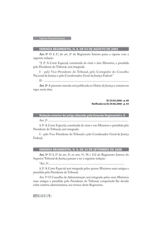 164
Superior Tribunal de Justiça
EMENDA REGIMENTAL N. 8, DE 03 DE AGOSTO DE 2005
Art. 1º O § 2º, do art. 2º do Regimento Interno passa a vigorar com a
seguinte redação:
“§ 2º A Corte Especial, constituída de vinte e dois Ministros, e presidida
pelo Presidente do Tribunal, será integrada:
I - pelo Vice-Presidente do Tribunal, pelo Corregedor do Conselho
Nacional de Justiça e pelo Coordernador-Geral da Justiça Federal.”
II - ...............................................................................................................
Art. 2º A presente emenda será publicada no Diário da Justiça e entrará em
vigor nesta data.
DJ 23.02.2006 - p. 60
Retificada no DJ 29.06.2006 - p. 43
Redação anterior do artigo alterado pela Emenda Regimental n. 8
Art. 2º .........................................................................................................
§ 2º A Corte Especial, constituída de vinte e um Ministros e presidida pelo
Presidente do Tribunal, será integrada:
I - pelo Vice-Presidente do Tribunal e pelo Coordenador-Geral da Justiça
Federal;
EMENDA REGIMENTAL N. 9, DE 24 DE SETEMBRO DE 2008
Art. 1º O § 2º do art. 2º, os arts. 5º, 38 e 112 do Regimento Interno do
Superior Tribunal de Justiça passam a ter a seguinte redação:
“Art. 2º....................................................................................................
§ 2º A Corte Especial será integrada pelos quinze Ministros mais antigos e
presidida pelo Presidente do Tribunal.
Art. 5º O Conselho de Administração será integrado pelos onze Ministros
mais antigos e presidido pelo Presidente do Tribunal, competindo-lhe decidir
sobre matéria administrativa, nos termos deste Regimento.
 
