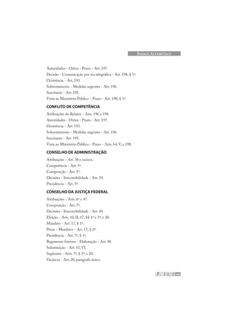 195
ÍNDICE ALFABÉTICO
Autoridades - Oitiva - Prazo - Art. 197.
Decisão - Comunicação por via telegráfica - Art. 198, § 1º.
Ocorrência - Art. 193.
Sobrestamento - Medidas urgentes - Art. 196.
Suscitante - Art. 195.
Vista ao Ministério Público - Prazo - Art. 198, § 1º.
CONFLITO DE COMPETÊNCIA
Atribuições do Relator - Arts. 196 a 198.
Autoridades - Oitiva - Prazo - Art. 197.
Ocorrência - Art. 193.
Sobrestamento - Medidas urgentes - Art. 196.
Suscitante - Art. 195.
Vista ao Ministério Público - Prazo - Arts. 64, V, e 198.
CONSELHO DE ADMINISTRAÇÃO
Atribuições - Art. 38 e incisos.
Competência - Art. 5º.
Composição - Art. 5º.
Decisões - Irrecorribilidade - Art. 39.
Presidência - Art. 5º.
CONSELHO DA JUSTIÇA FEDERAL
Atribuições - Arts. 6º e 47.
Composição - Art. 7º.
Decisões - Irrecorribilidade - Art. 49.
Eleição - Arts. 10, II; 17, §§ 1º e 3º, e 20.
Mandato - Art. 17, § 1º.
Posse - Membros - Art. 17, § 2º.
Presidência - Art. 7º, § 1º.
Regimento Interno - Elaboração - Art. 48.
Substituição - Art. 51, VI.
Suplentes - Arts. 7º, § 2º, e 20.
Vacância - Art. 20, parágrafo único.
 