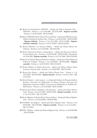 REPOSITÓRIOS AUTORIZADOS E CREDENCIADOS PELO STJ
235
49. Revista de Jurisprudência ADCOAS - editada pela Editora Esplanada Ltda. -
ADCOAS - Portaria n. 7 de 21.06.2000 - DJ 27.06.2000 - Registro cancelado
- Portaria n. 9 de 08.10.2007 - DJ 18.10.2007.
50. Revista SÍNTESE Direito Penal e Processual Penal - editada pela IOB Informações
Objetivas Publicações Jurídicas Ltda. - Portaria n. 4 de 06.03.2001 - DJ 09.03.2001
- Registro retificado - Portaria n. 9 de 22.11.2006 - DJ 11.12.2006 - Registro
retificado e ratificado - Portaria n. 8 de 25.10.2010 - DJe 28.10.2010.
51. Revista Tributária e de Finanças Públicas - editada pela Editora Revista dos
Tribunais - Portaria n. 6 de 11.06.2001 - DJ 19.06.2001.
52. Revista Nacional de Direito e Jurisprudência - editada pela Nacional de Direito
Livraria Editora Ltda. - Portaria n. 1 de 08.04.2002 - DJ 02.05.2002 - Republicada
em 19.04.2002 - Registrocancelado - Portaria n.1 de 31.07.2009 - DJe 05.08.2009.
53. Revista do Tribunal Regional Federal da 5ª Região - editada pelo Tribunal Regional
Federal da 5ª Região - Portaria n. 2 de 23.04.2002 - DJ 02.05.2002 - Registro
cancelado - Portaria n. 5 de 09.04.2010 - DJe 18.04.2010.
54. Revista Dialética de Direito Processual - editada pela Editora Oliveira Rocha
Comércio e Serviços Ltda. - Portaria n. 1 de 30.06.2003 - DJ 07.07.2003.
55. Revista Juris Plenum - editada pela Editora Plenum Ltda. - Portaria n. 1 de
23.05.2005 - DJ 30.05.2005 - Registro alterado - Portaria n.5 de 28.11.2013 - DJe
29.11.2013.
56. Revista Bonijuris - versão impressa - co-editada pelo Instituto de Pesquisas Jurídicas
Bonijuris, Associação dos Magistrados do Paraná (Amapar), Associação dos
Magistrados Catarinense (AMC) e Associação dos Magistrados do Trabalho IX e
XII (Amatra) - Portaria n. 2 de 18.10.2005 - DJ 27.10.2005.
57. Revista Juris Plenum Trabalhista e Previdenciária - editada pela Editora Plenum
Ltda.- Portaria n.3 de 16.12.2005 - DJ 08.02.2006 - Registro cancelado - Portaria
n. 9 de 12.12.2011 - DJe 14.12.2011.
58. Revista Magister de Direito Penal e Processual Penal - editada pela Editora Magister
Ltda. - Portaria n. 4 de 02.08.2006 - DJ 09.08.2006.
59. CD-ROM - Jur Magister - editado pela Editora Magister Ltda. - Portaria n. 5 de
09.08.2006 - DJ 15.08.2006 - Registro cancelado - Portaria n. 6 de 11.12.2013 -
DJe 12.12.2013.
60. DVD - Magister - editado pela Editora Magister Ltda. - Portaria n. 6 de 09.08.2006
- DJ 15.08.2006.
 