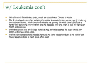 w/ Leukemia con’t This disease is found in two forms, which are classified as Chronic or Acute.  The Acute stage is described as being the cellular levels of the host person rapidly producing these abnormal cells.  While the diseased cells are growing the white blood cells have a harder time balancing between them and the diseased cells and begin to lose the fight over health and sickness. While the cancer cells are in large numbers they have not reached the stage where any action on their par takes place. In the Chronic stages of the disease there are the same happening but it is the cancer cell having developed into is much more affect level. 