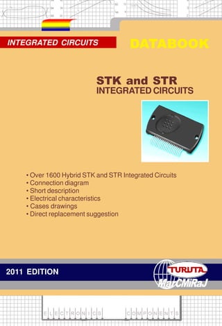 3-pins
DATABOOKINTEGRATED CIRCUITS
STK and STR
INTEGRATED CIRCUITS
• Over 1600 Hybrid STK and STR Integrated Circuits
• Connection diagram
• Short description
• Electrical characteristics
• Cases drawings
• Direct replacement suggestion
2011 EDITION
 
