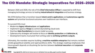 STKI.INFO
56
Copyright@STKI_2026 Do not remove source or attribution from any slide, graph or portion of graph
V1.B
Between 2026 and 2028, the role of the Chief Information Officer is expected to shift from
managing technology services to leading industrialized AI integration and business strategy.
We (STKI) believe that a transition toward intent-centric applications and autonomous agentic
systems will prioritize functional outcomes over traditional user interfaces.
To succeed CIOs must
• Modernize legacy infrastructure and applications
• Implement rigorous finops to control skyrocketing cloud costs
• Overhaul data foundations to ensure model accuracy.
• Cybersecurity strategies will evolve to focus on identity protection and defensive ai,
• Development teams must pivot from writing code to verifying synthetic outputs.
Ultimately, the mandate requires building a machine-readable enterprise that remains resilient
amidst geopolitical volatility and rapid workforce shifts. This strategic roadmap emphasizes that
future growth depends on dissolving the barriers between technical execution and corporate
innovation.
The CIO Mandate: Strategic Imperatives for 2026–2028
 