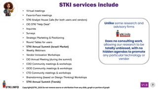 STKI.INFO
7
Copyright@STKI_2026 Do not remove source or attribution from any slide, graph or portion of graph
V1.B
STKI services include
• Weekly Webinars
• Vendor Innovation Workshops
• CIO Annual Meeting (during the summit)
• COO Community meetings & workshops
• OCIO Community meetings & workshops
• CTO Community meetings & workshops
• Brainstorming (based on Design Thinking) Workshops
• STKI Annual Summit (Trends)
• Virtual meetings
• Face-to-Face meetings
• STKI Analyst House Calls (for both users and vendors)
• CIO STKI "Help Desk"
• Inquiries
• Surveys
• Strategic Marketing & Positioning
• Round Tables for users
• STKI Annual Summit (Israeli Market)
Unlike some research and
advisory firms
Does no consulting work,
allowing our research to be
totally unbiased, with no
hidden agendas to promote
any particular technology or
vendor
 