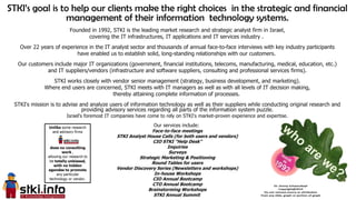 3
STKI’s goal is to help our clients make the right choices in the strategic and financial
management of their information technology systems.
Founded in 1992, STKI is the leading market research and strategic analyst firm in Israel,
covering the IT infrastructures, IT applications and IT services industry .
Over 22 years of experience in the IT analyst sector and thousands of annual face-to-face interviews with key industry participants
have enabled us to establish solid, long-standing relationships with our customers.
Our customers include major IT organizations (government, financial institutions, telecoms, manufacturing, medical, education, etc.)
and IT suppliers/vendors (infrastructure and software suppliers, consulting and professional services firms).
STKI works closely with vendor senior management (strategy, business development, and marketing).
Where end users are concerned, STKI meets with IT managers as well as with all levels of IT decision making,
thereby attaining complete information of processes.
STKI's mission is to advise and analyze users of information technology as well as their suppliers while conducting original research and
providing advisory services regarding all parts of the information system puzzle.
Israel's foremost IT companies have come to rely on STKI's market-proven experience and expertise.
Our services include:
Face-to-face meetings
STKI Analyst House Calls (for both users and vendors)
CIO STKI "Help Desk"
Inquiries
Surveys
Strategic Marketing & Positioning
Round Tables for users
Vendor Discovery Series (Newsletters and workshops)
In-house Workshops
CIO Annual Bootcamp
CTO Annual Bootcamp
Brainstorming Workshops
STKI Annual Summit
 
