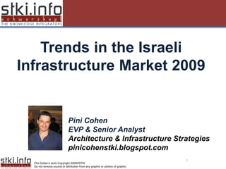 Trends in the Israeli
Infrastructure Market 2009
  Your Text here                                                               Your Text here




                             Pini Cohen
                             EVP & Senior Analyst
                             Architecture & Infrastructure Strategies
                             pinicohenstki.blogspot.com
                                                                                           1
  Pini Cohen’s work Copyright 2009©STKI
  Do not remove source or attribution from any graphic or portion of graphic
 