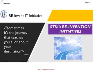 1
RE-Invent IT Initiative
-”sometimes
it’s the journey
that teaches
you a lot about
your
destination”-
Drake
Page 1
STKI Company Confidential
 