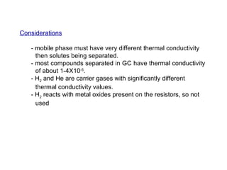 Considerations

   - mobile phase must have very different thermal conductivity
     then solutes being separated.
   - most compounds separated in GC have thermal conductivity
     of about 1-4X10-5.
   - H2 and He are carrier gases with significantly different
     thermal conductivity values.
   - H2 reacts with metal oxides present on the resistors, so not
     used
 