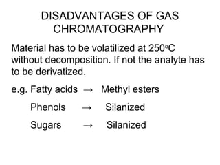 DISADVANTAGES OF GAS
        CHROMATOGRAPHY
Material has to be volatilized at 250oC
without decomposition. If not the analyte has
to be derivatized.
e.g. Fatty acids → Methyl esters
    Phenols     →    Silanized
    Sugars      →     Silanized
 