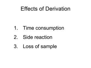 Effects of Derivation


1. Time consumption
2. Side reaction
3. Loss of sample
 