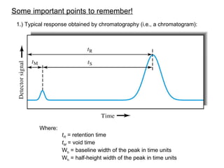 Some important points to remember!
 1.) Typical response obtained by chromatography (i.e., a chromatogram):




          Where:
                   tR = retention time
                   tM = void time
                   Wb = baseline width of the peak in time units
                   Wh = half-height width of the peak in time units
 