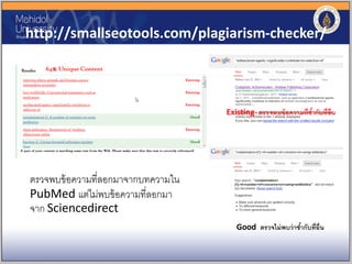 http://smallseotools.com/plagiarism-checker/
ตรวจพบข้อความที่ลอกมาจากบทความใน
PubMed แต่ไม่พบข้อความที่ลอกมา
จาก Sciencedirect
Existing ตรวจพบข้อความที่ซ้ากับที่อื่น
Good ตรวจไม่พบว่าซ้ากับที่อื่น
 