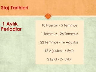 Staj Tarihleri
1 Aylık
Periodlar
10 Haziran - 5 Temmuz
1 Temmuz - 26 Temmuz
22 Temmuz - 16 Ağustos
12 Ağustos - 6 Eylül
2 Eylül - 27 Eylül
 