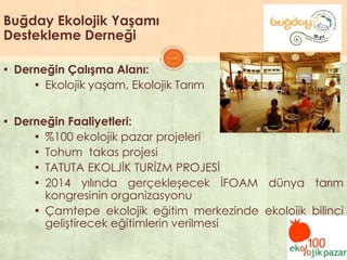 Buğday Ekolojik Yaşamı
Destekleme Derneği
▪ Derneğin Çalışma Alanı:
▪ Ekolojik yaĢam, Ekolojik Tarım
▪ Derneğin Faaliyetleri:
▪ %100 ekolojik pazar projeleri
▪ Tohum takas projesi
▪ TATUTA EKOLJĠK TURĠZM PROJESĠ
▪ 2014 yılında gerçekleĢecek ĠFOAM dünya tarım
kongresinin organizasyonu
▪ Çamtepe ekolojik eğitim merkezinde ekolojik bilinci
geliĢtirecek eğitimlerin verilmesi
 
