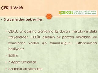 ÇEKÜL Vakfı
▪ Stajyerlerden beklentiler:
▪ ÇEKÜL’ün çalıĢma alanlarına ilgi duyan, meraklı ve istekli
stajyerlerden ÇEKÜL ailesinin bir parçası olmalarını ve
kendilerine verilen iĢin sorumluluğunu üstlenmelerini
bekliyoruz.
• Eğitim
• 7 Ağaç Ormanları
• Anadolu AraĢtırmaları
 