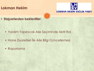 Lokman Hekim
▪ Stajyerlerden beklentiler:
▪ Yardım Yapılacak Aile Seçiminde Aktif Rol
▪ Hane Ziyaretleri Ġle Aile Bilgi Güncellemesi
▪ Raporlama
 