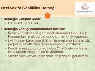 Özel Sektör Gönüllüler Derneği
▪ Derneğin Çalışma Alanı:
▪ Kurumsal Gönüllülük
▪ Derneğin yaptığı çalışmalardan bazıları:
▪ Üyesi olan Ģirketlerin içerisindeki Kurumsal Gönüllülük
Programlarının oluĢturulmasına danıĢmanlık yapmak;
▪ Sivil Toplum KuruluĢları (STKlar) ile ortaklıklar kurarak STK
projelere Ģirketlerden gönüllü kaynağı yaratmak;
▪ Kendi Ģemsiye programları olan Okul Dostu ve Meslek
Lisesi Koçları Programları’nı yürütmek
▪ ġirketler için Sosyal Farkındalık Programları geliĢtirmek
 