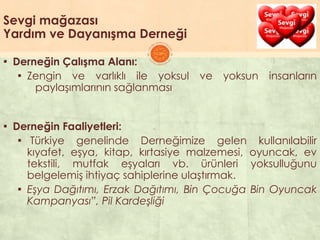 Sevgi mağazası
Yardım ve Dayanışma Derneği
▪ Derneğin Çalışma Alanı:
▪ Zengin ve varlıklı ile yoksul ve yoksun insanların
paylaĢımlarının sağlanması
▪ Derneğin Faaliyetleri:
▪ Türkiye genelinde Derneğimize gelen kullanılabilir
kıyafet, eĢya, kitap, kırtasiye malzemesi, oyuncak, ev
tekstili, mutfak eĢyaları vb. ürünleri yoksulluğunu
belgelemiĢ ihtiyaç sahiplerine ulaĢtırmak.
▪ Eşya Dağıtımı, Erzak Dağıtımı, Bin Çocuğa Bin Oyuncak
Kampanyası”, Pil Kardeşliği
 