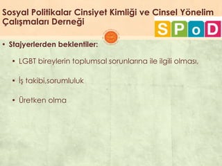 Sosyal Politikalar Cinsiyet Kimliği ve Cinsel Yönelim
Çalışmaları Derneği
▪ Stajyerlerden beklentiler:
▪ LGBT bireylerin toplumsal sorunlarına ile ilgili olması,
▪ ĠĢ takibi,sorumluluk
▪ Üretken olma
 