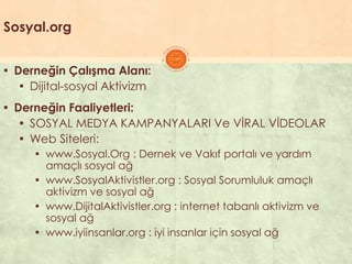 Sosyal.org
▪ Derneğin Çalışma Alanı:
▪ Dijital-sosyal Aktivizm
▪ Derneğin Faaliyetleri:
▪ SOSYAL MEDYA KAMPANYALARI Ve VĠRAL VĠDEOLAR
▪ Web Siteleri:
▪ www.Sosyal.Org : Dernek ve Vakıf portalı ve yardım
amaçlı sosyal ağ
▪ www.SosyalAktivistler.org : Sosyal Sorumluluk amaçlı
aktivizm ve sosyal ağ
▪ www.DijitalAktivistler.org : internet tabanlı aktivizm ve
sosyal ağ
▪ www.iyiinsanlar.org : iyi insanlar için sosyal ağ
 