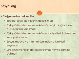 Sosyal.org
▪ Stajyerlerden beklentiler:
▪ Ġnternet sitesi içeriklerinin geliĢtirilmesi
▪ Türkiye’deki dernek ve vakıflar ile iletiĢim sağlanarak
duyurularının yapılması
▪ Türkiye’deki dernek ve vakıfların faaliyetlerinin izlenmesi
ve raporlanması
▪ Sosyal medya ve internet üzerinden etkinliklerin
yayılması
▪ Organizasyonların gerçekleĢtirilmesi veya koordine
edilmesi
 